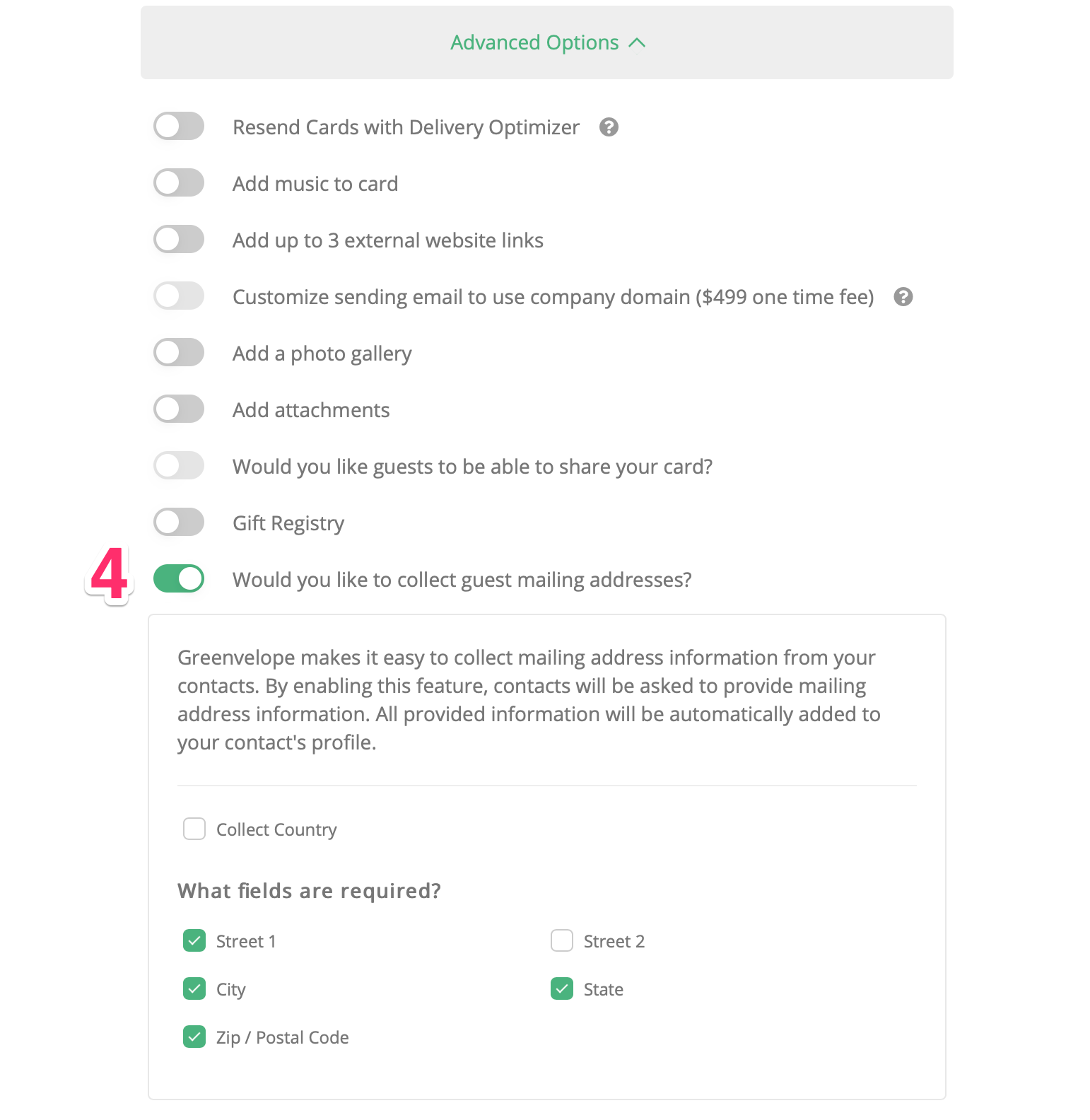 The Collect Mailing Address toggle under Advanced Options in Greenvelope