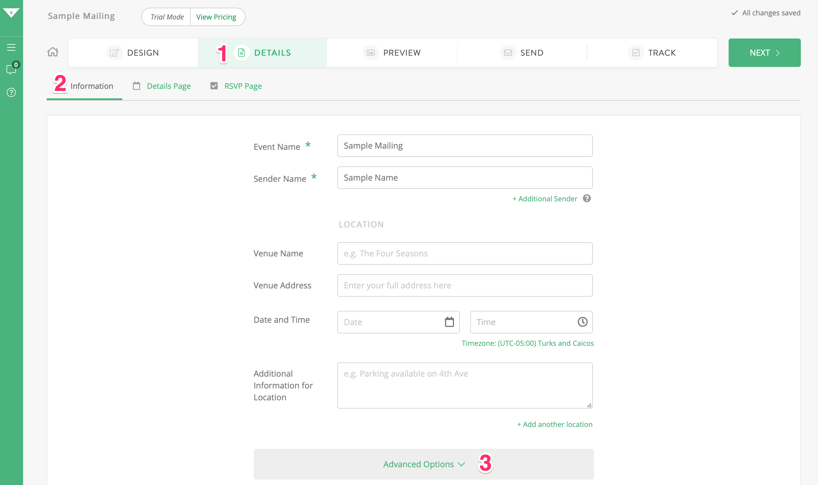 The Information section of the Details step in Greenvelope