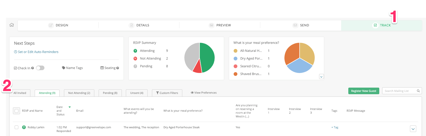 The Track step showing guest RSVP responses in Greenvelope