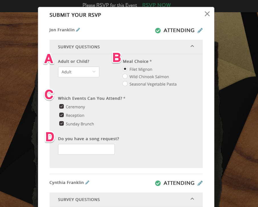 Custom survey questions shown on a Greenvelope RSVP page