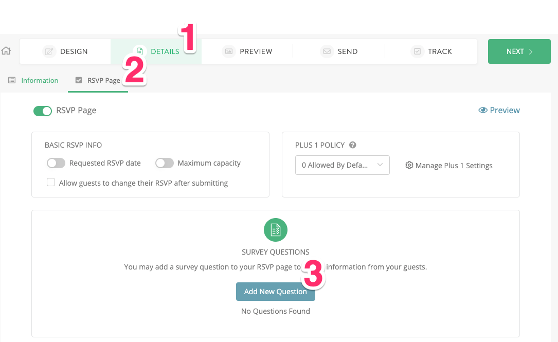 Adding a custom RSVP question in the Greenvelope Details step